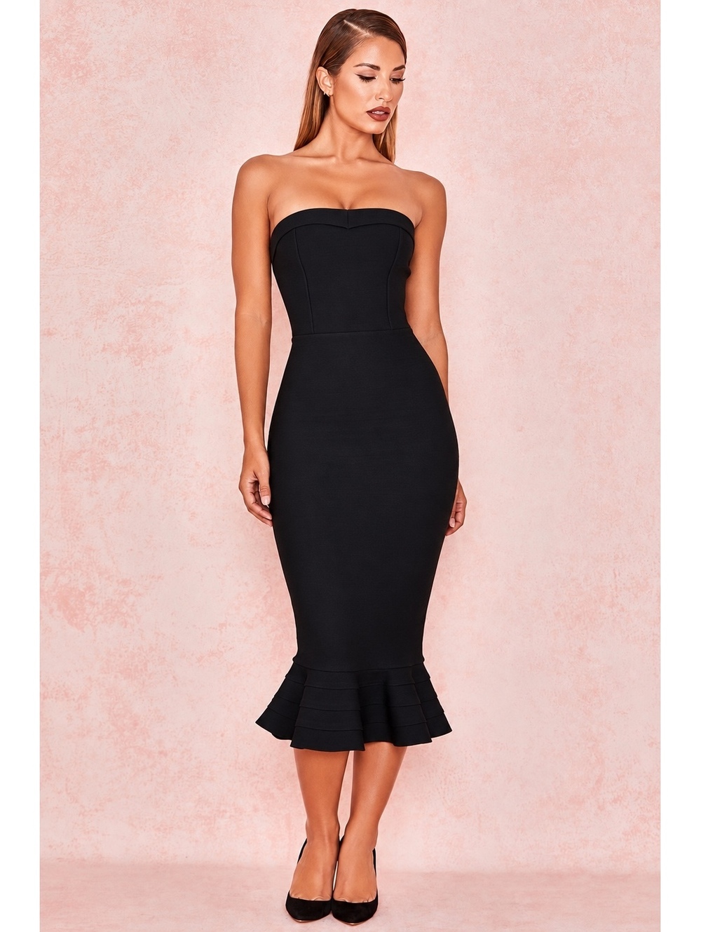 House of CB Fabrizia Strapless Bandage Midi Dress Black Bodycon Fluted Hem M